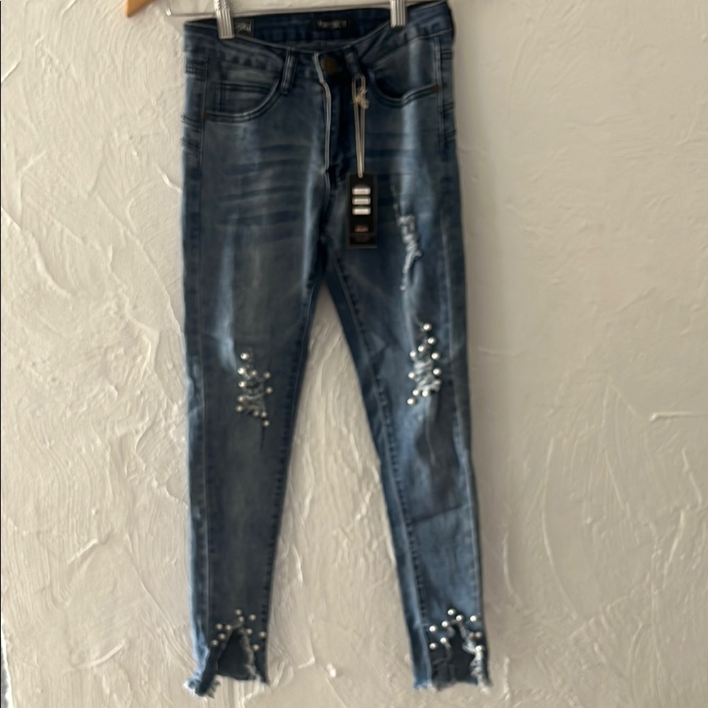Rewash Blue Ankle Cropped Jeans with Distressed Details